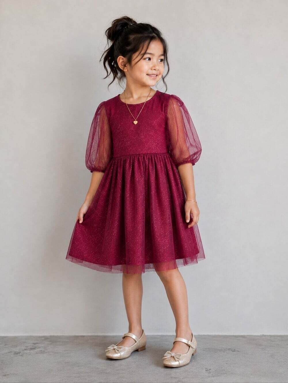 H&M Girls Burgundy Glitter Tulle Party Dress Puff Sleeve Size 5-6 Years Holiday